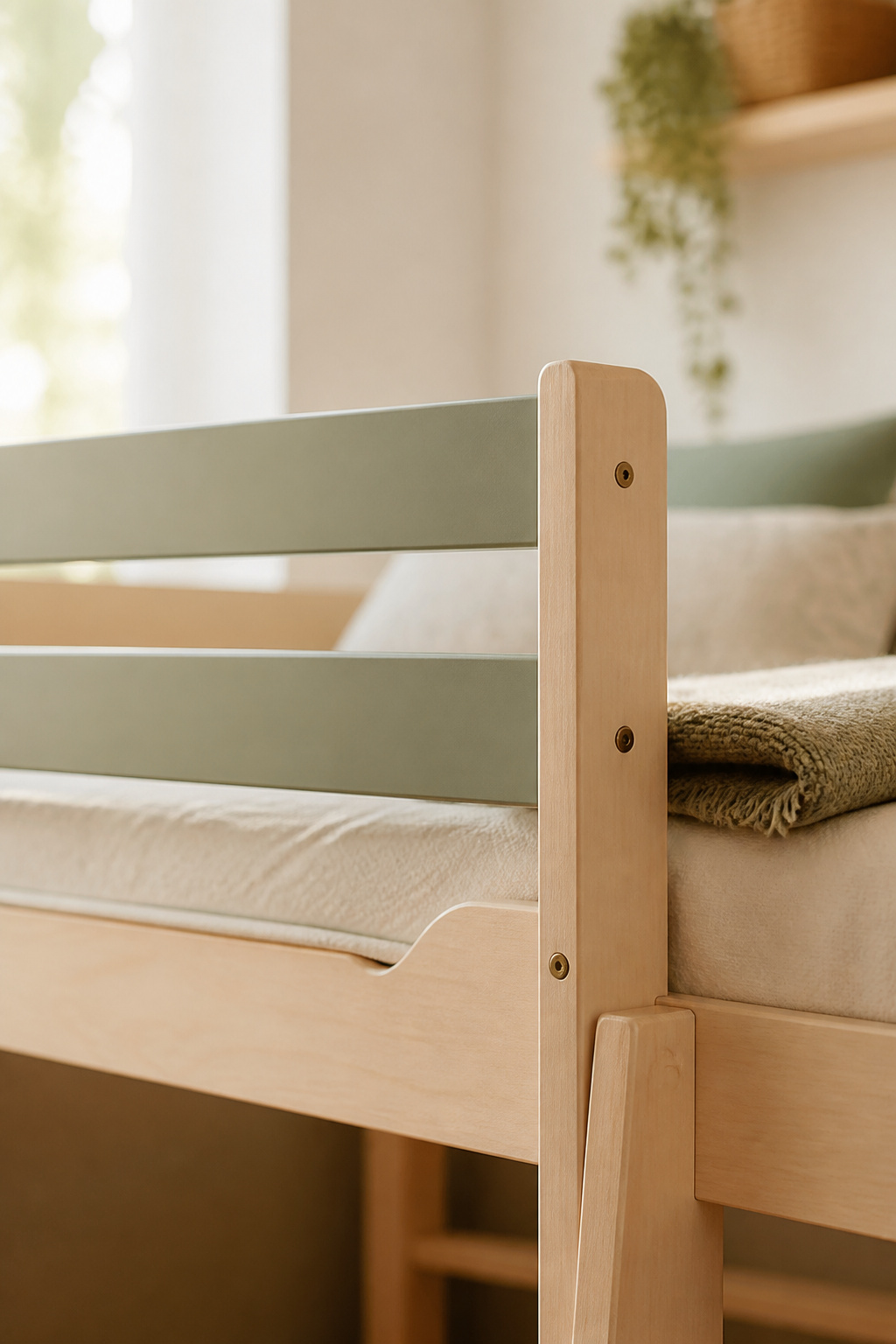 Upper bunk guardrail rising well above the mattress top, showing the safety clearance a compliant bunk bed maintains