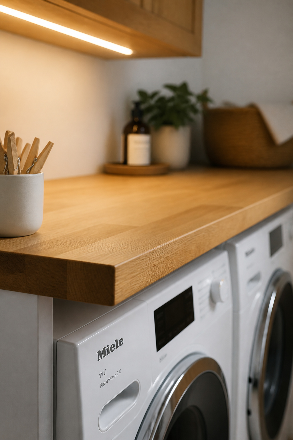 Close view of butcher-block counter edge overhanging front-load washers in a white laundry room