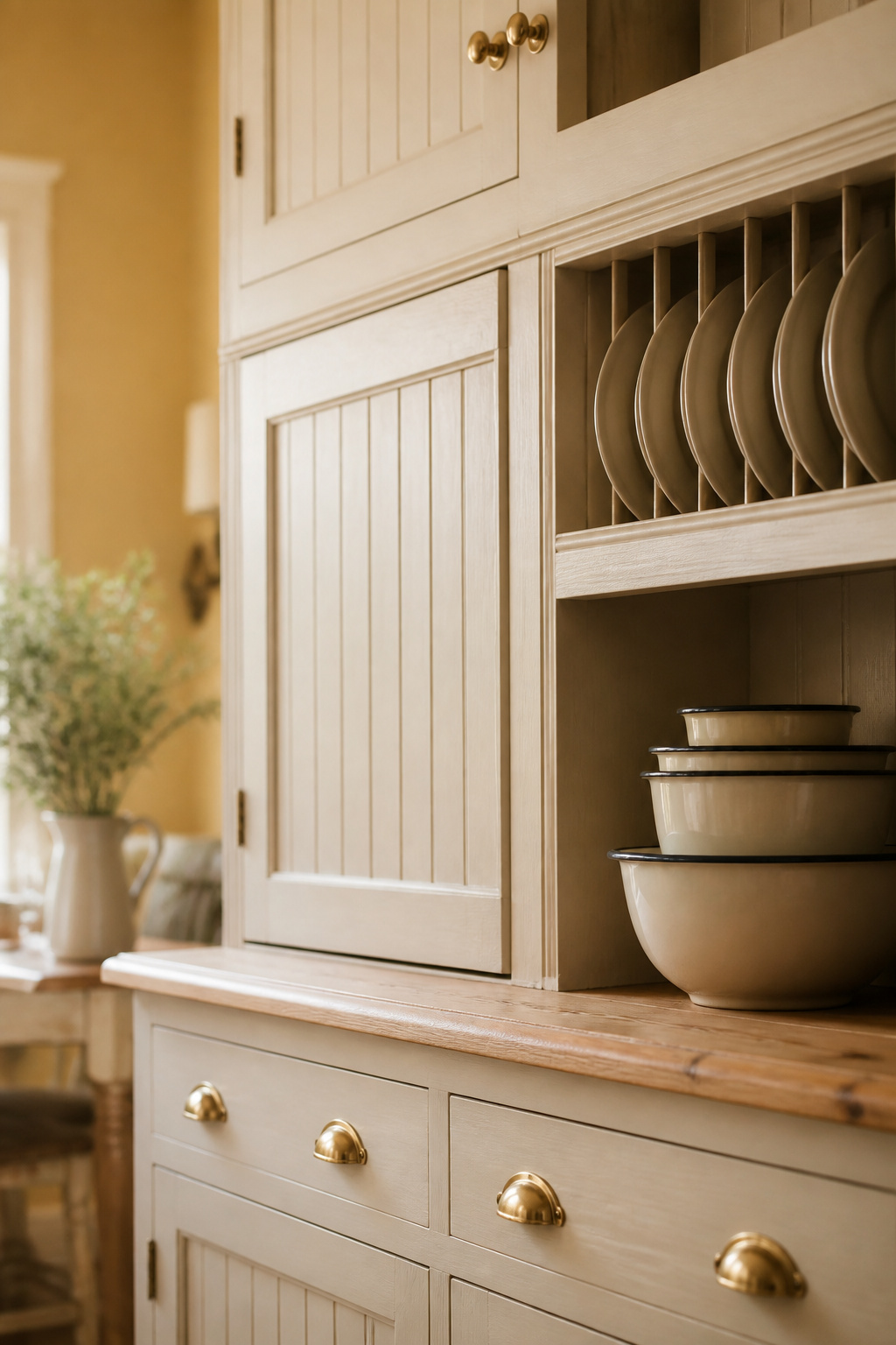 Buttermilk cream painted beadboard kitchen cabinets with a plate rack and brass hardware