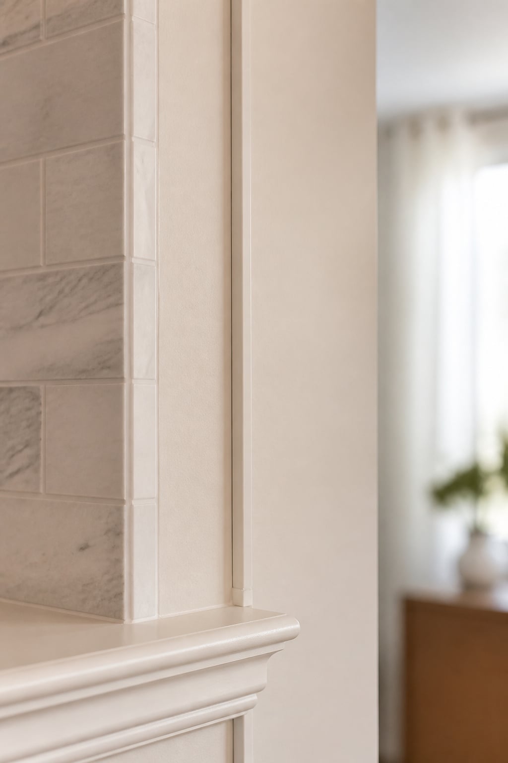 Slim painted cable raceway running vertically beside a tile fireplace surround for TV cable management above a fireplace