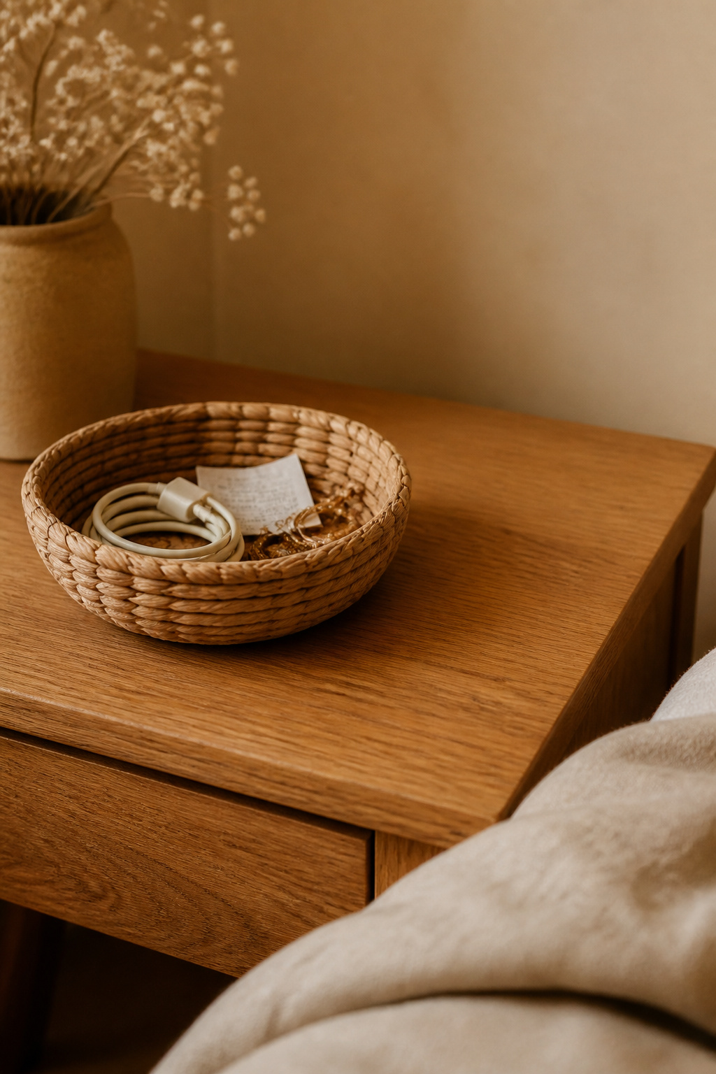 Shallow woven basket holding a few removed items beside a newly cleared honey oak nightstand