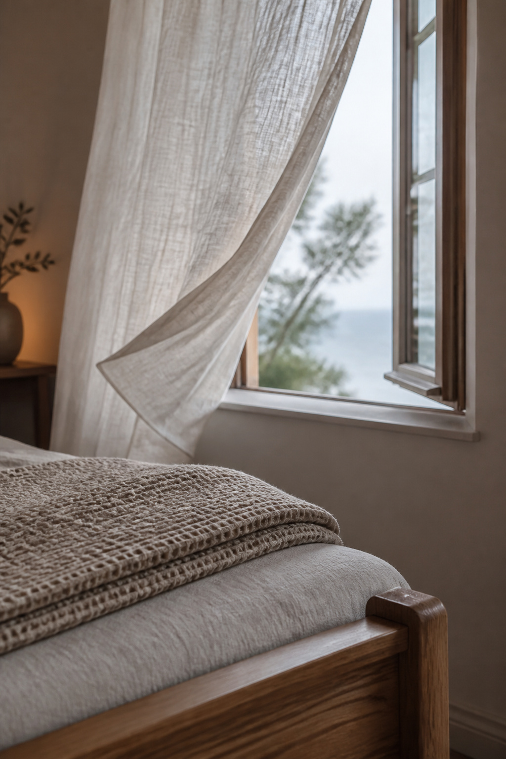 Linen curtain drifting at a partly open window above a folded waffle-weave blanket at the foot of a bed