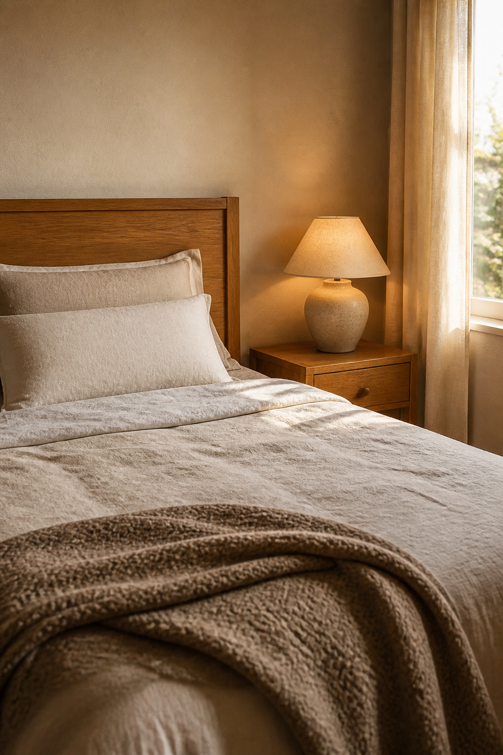Calm bedroom with linen bedding, a honey oak headboard and a single cleared nightstand lit by soft golden window light