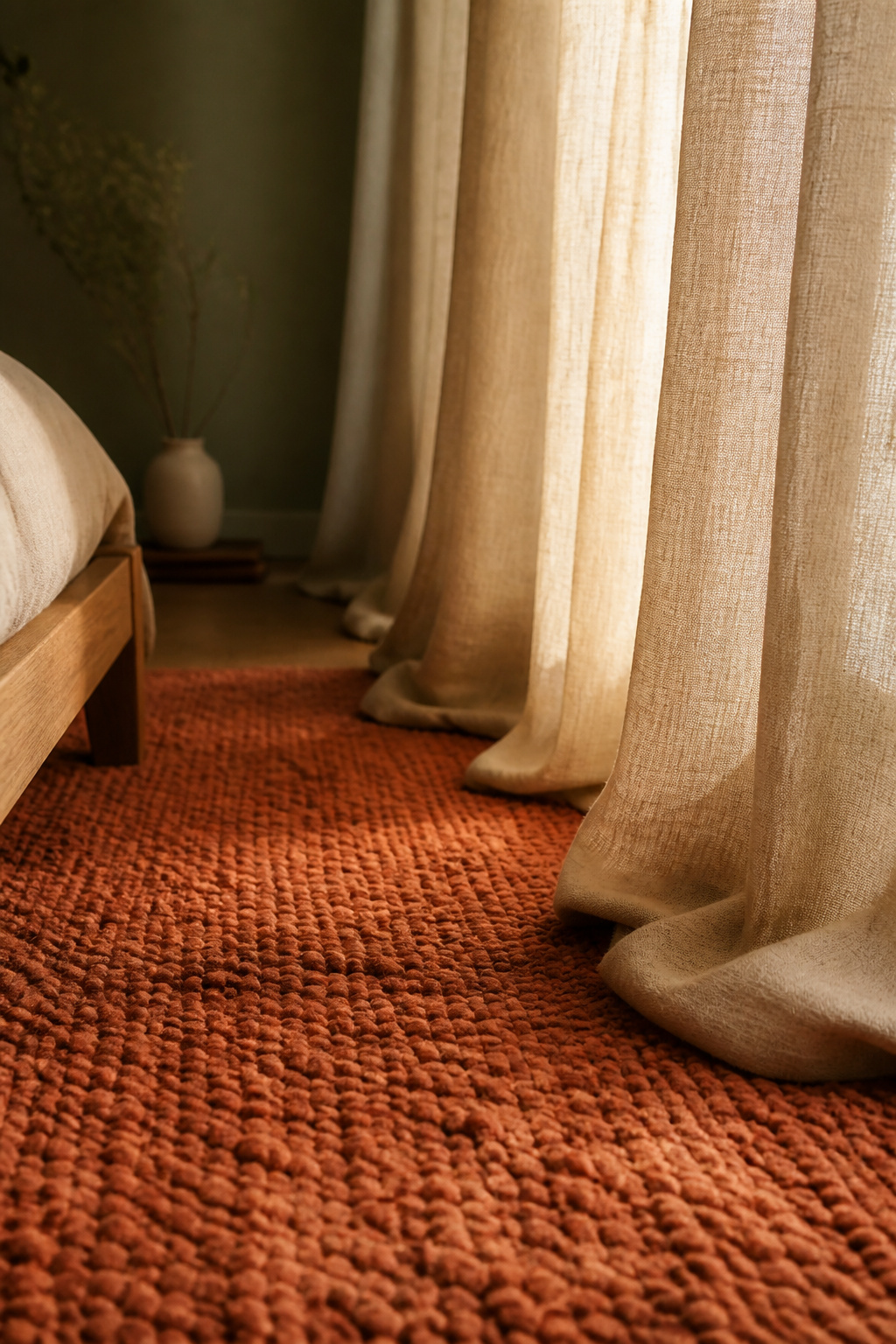 Thick terracotta wool rug beneath heavy linen curtains pooling on the floor beside a bedroom window