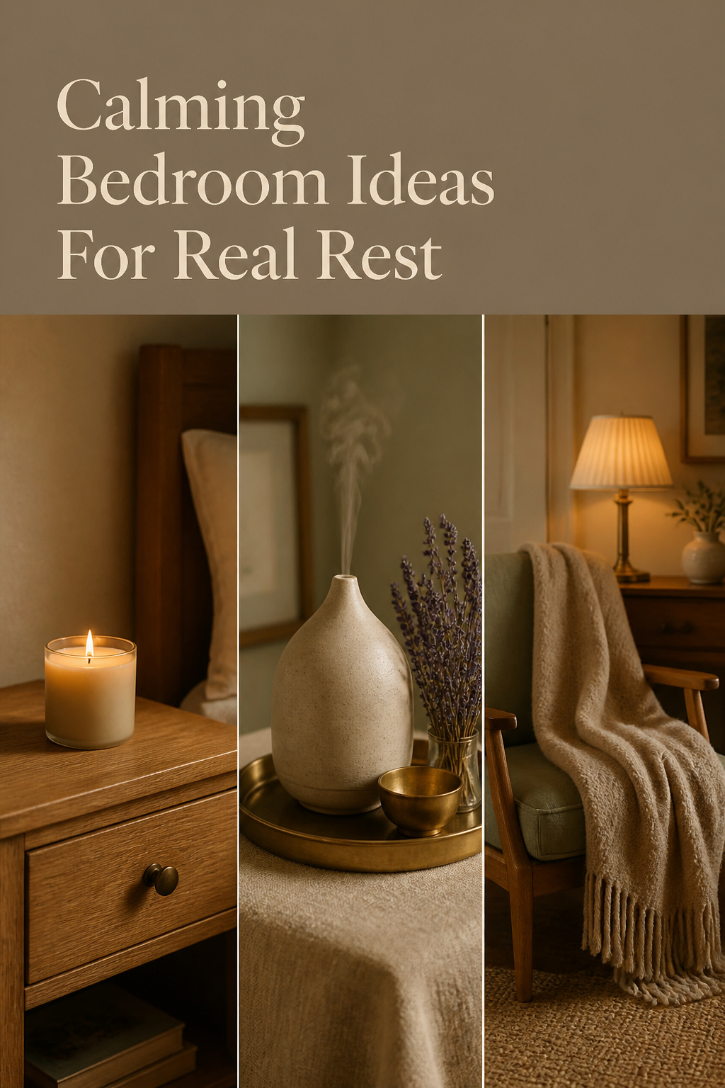 Pinterest collage of three calming bedroom ideas: a cleared nightstand, a scent corner with diffuser and lavender, and a small wind-down chair