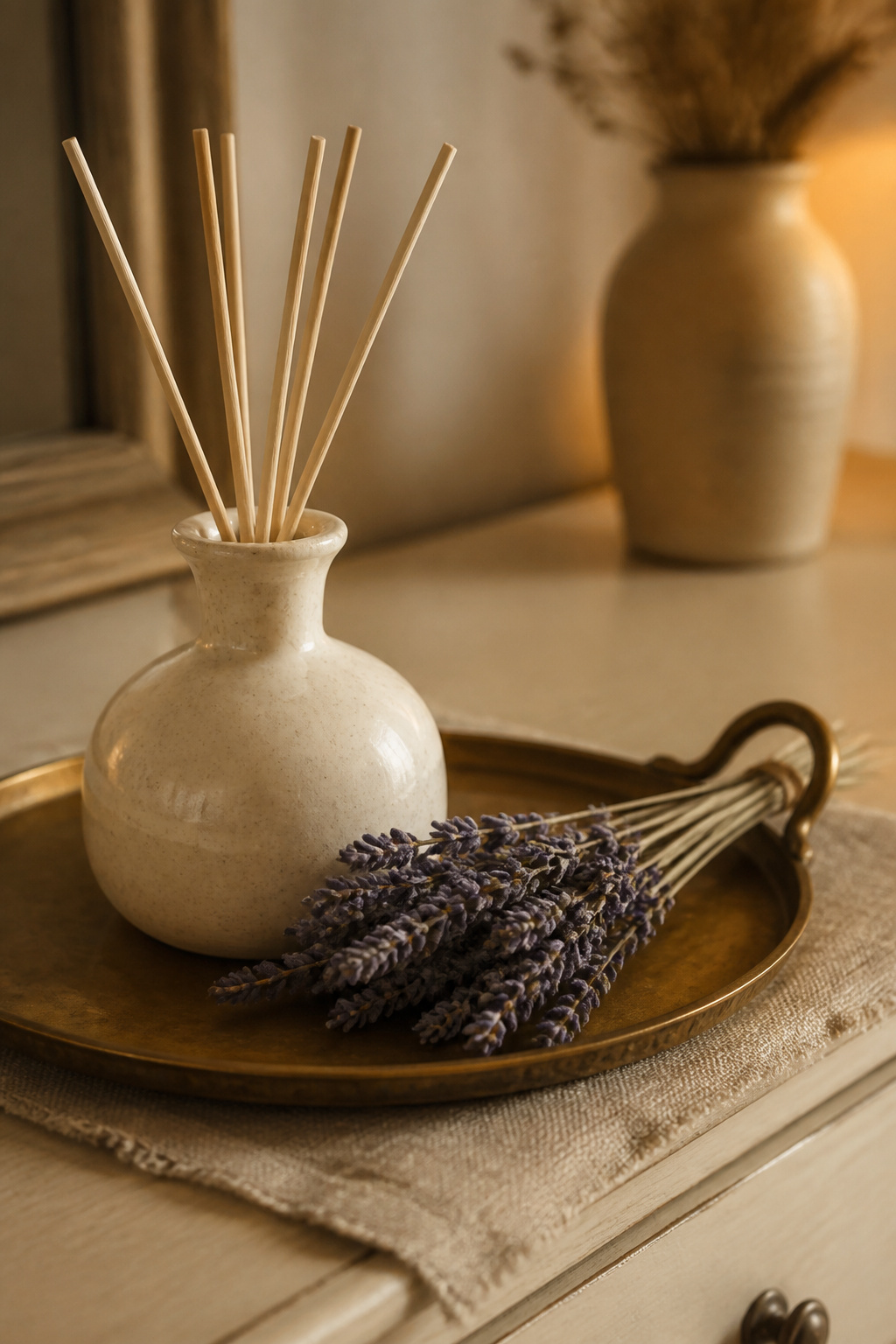Ceramic reed diffuser and dried lavender bundle on an aged brass tray atop a bedroom dresser