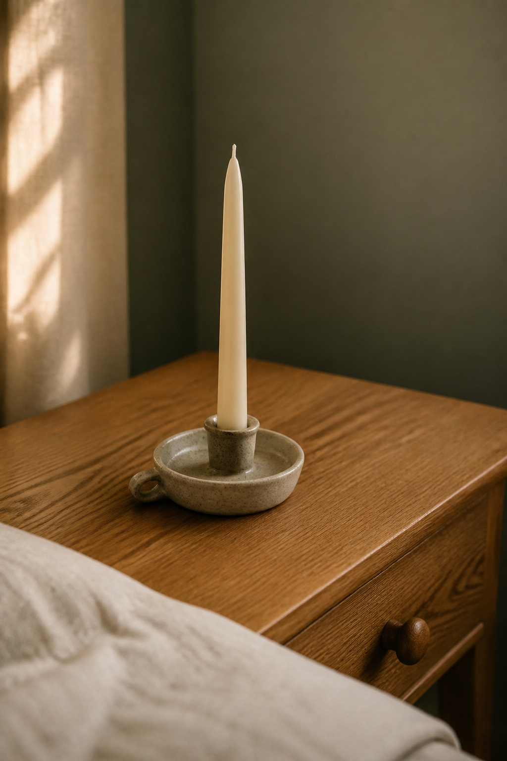 Single ceramic candle holder on an otherwise bare honey oak nightstand against a muted sage wall