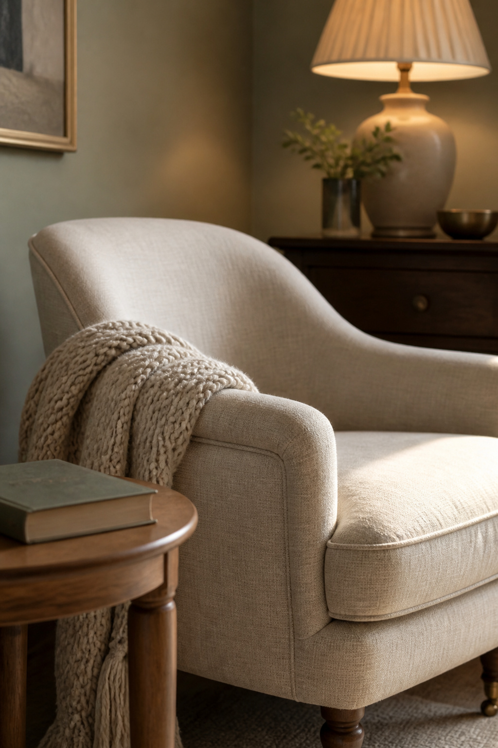 Small upholstered linen chair with a wool throw and a closed book on a side table in a warm bedroom wind-down corner