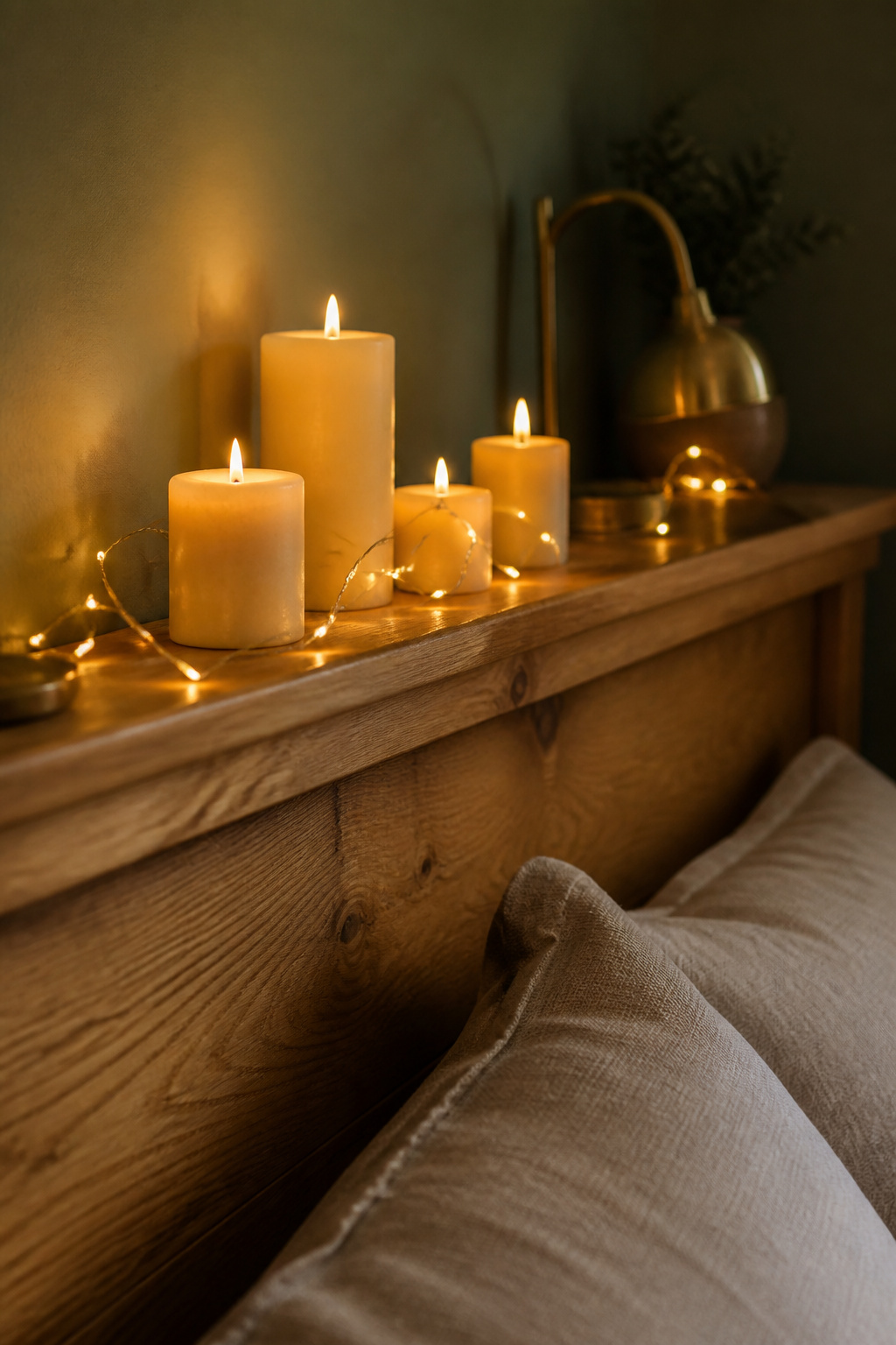 Cluster of pillar candles and warm string lights arranged along a honey oak headboard shelf against a sage green wall