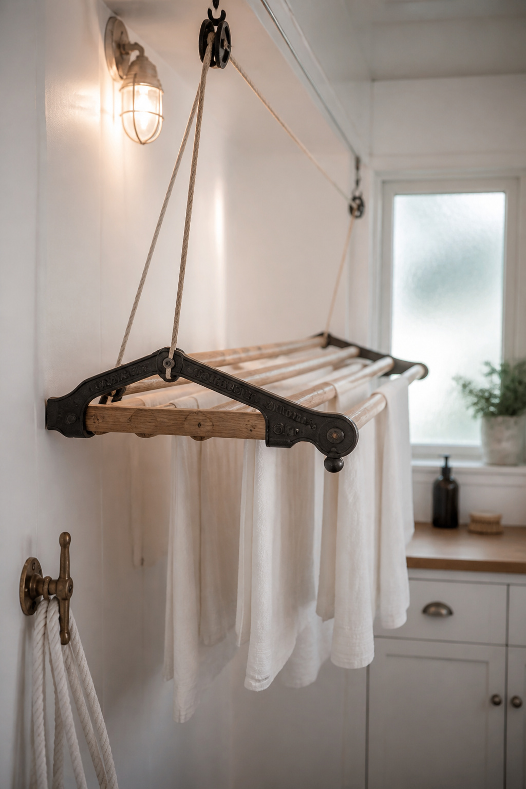 Traditional cast-iron ceiling pulley clothes maiden with pine laths lowered in a compact white laundry room with cotton towels draped over rails