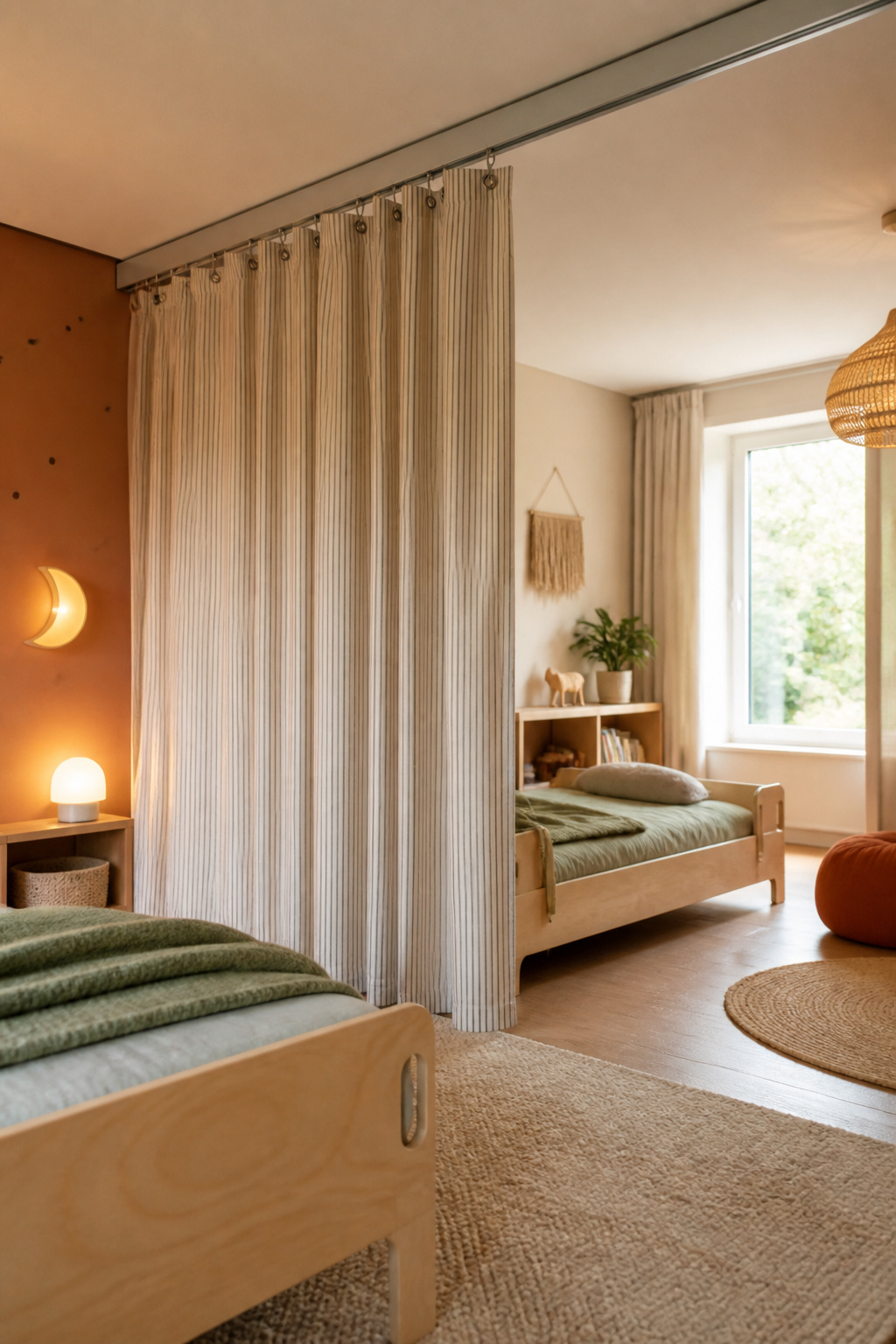 Ceiling-track curtain divider splitting a shared bedroom into two sleeping zones with daylight from a side window