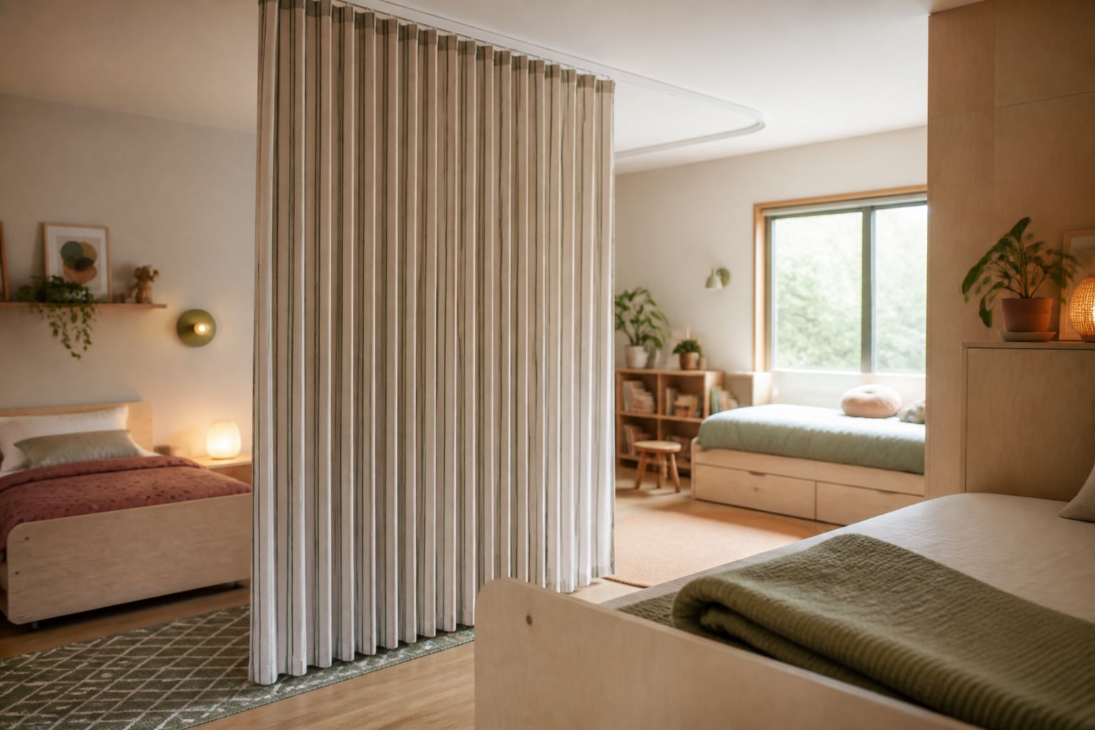 Ceiling-track curtain divider splitting a shared bedroom into two sleeping zones with daylight from a side window