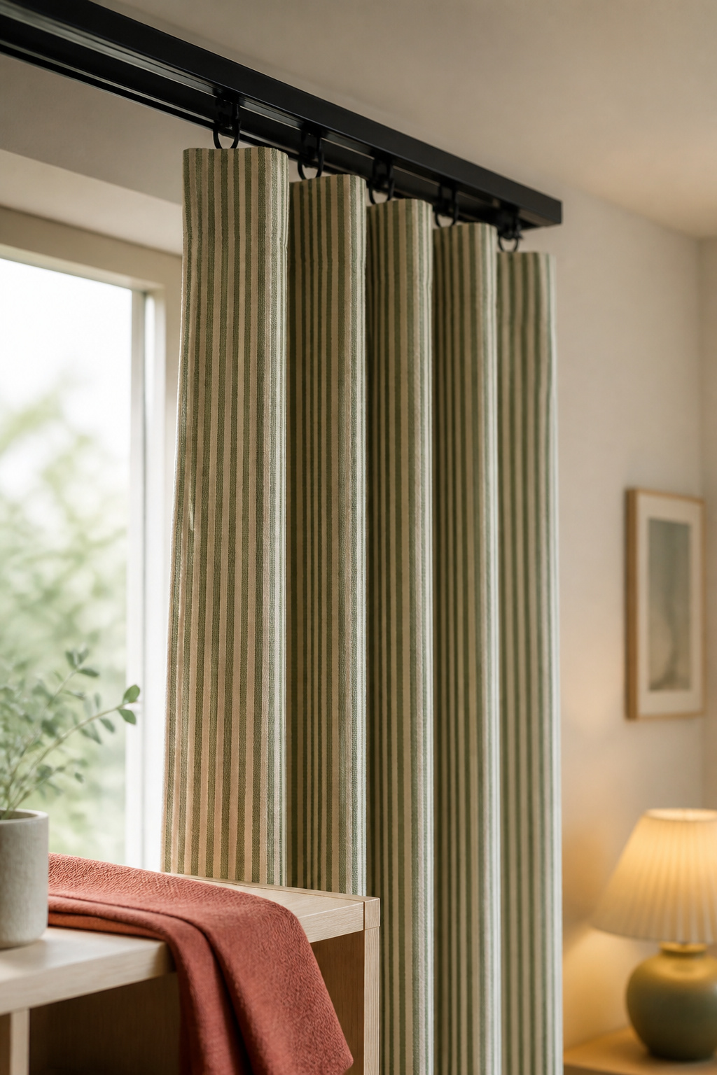 Matte-black ceiling curtain track with a cotton ticking-stripe curtain panel half-drawn in a shared bedroom