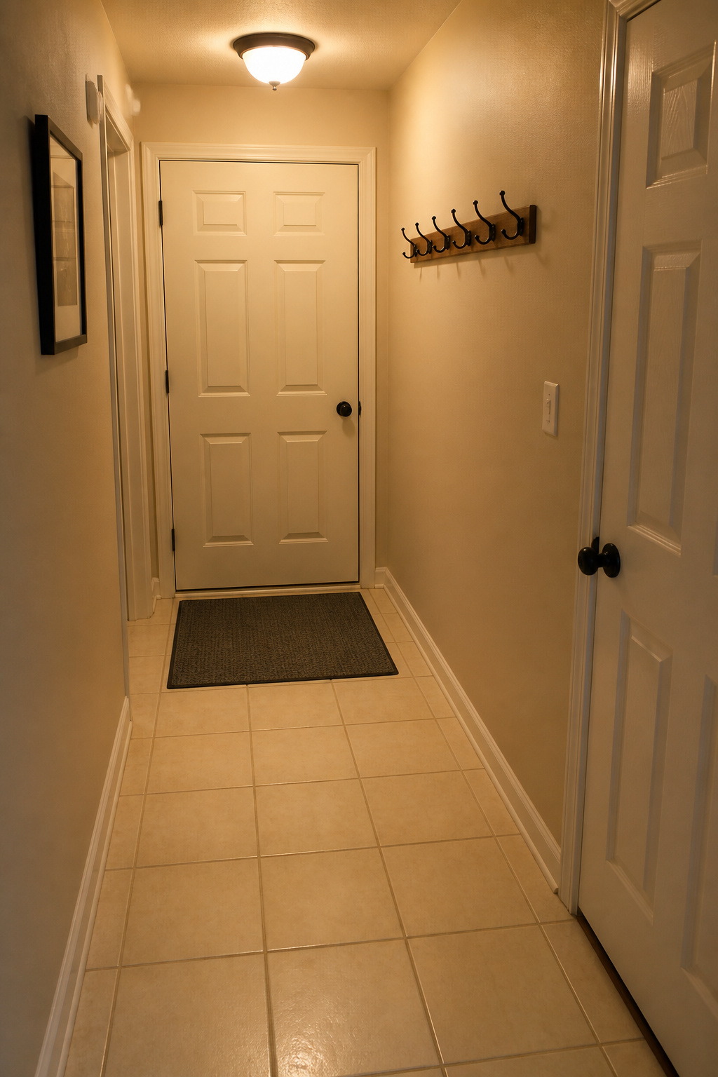 Sheltered indoor foyer with warm white 12x12 glazed ceramic floor tile and a rubber-backed mat near a closed interior door