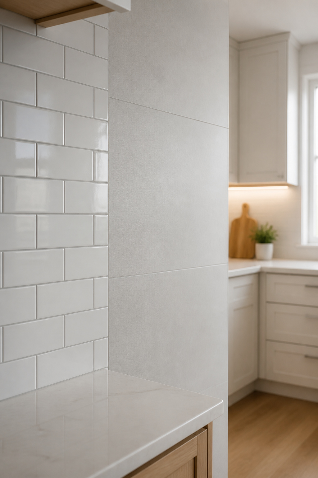 Kitchen backsplash split between white glazed ceramic subway tile and large-format matte porcelain tile
