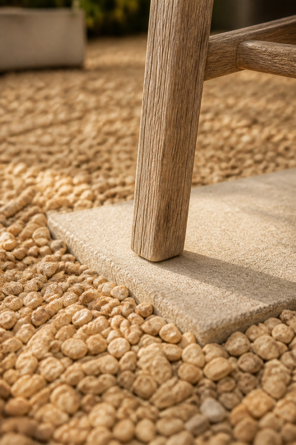 Close-up of a weathered teak chair leg resting on a concrete paver pad set into buff pea gravel