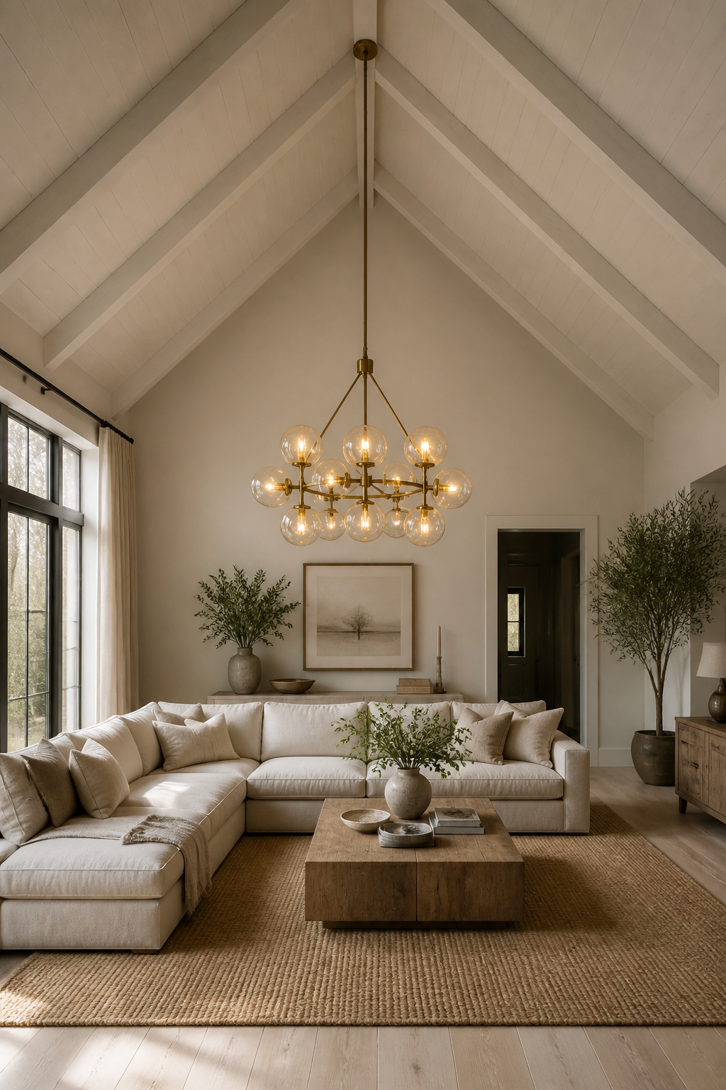 Large brass globe-cluster chandelier hanging at mid-volume in a 16-foot vaulted living room on an extended downrod