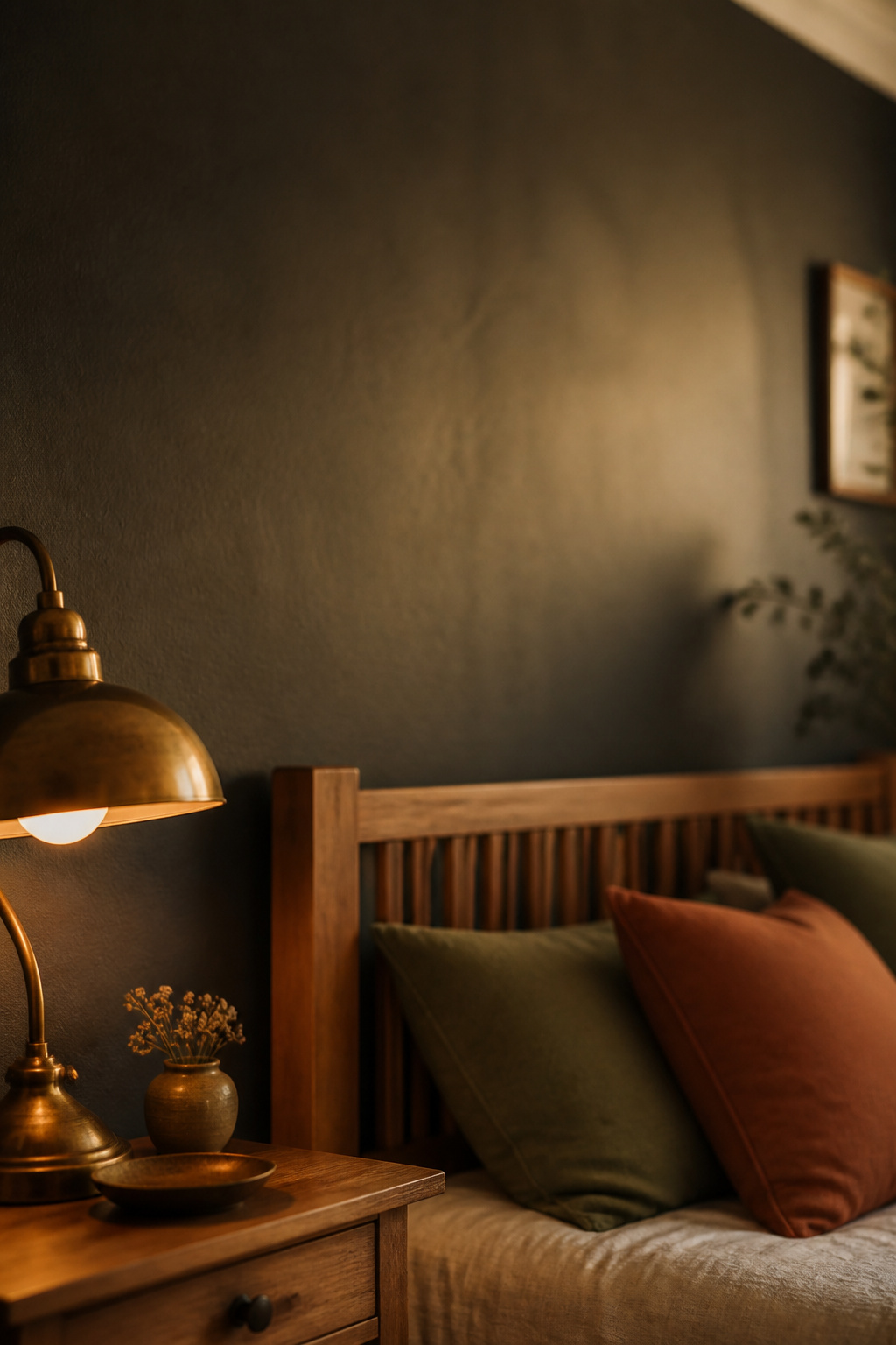 Deep warm charcoal accent wall behind a honey oak bed, warmed by an aged brass lamp with sage and terracotta cushions