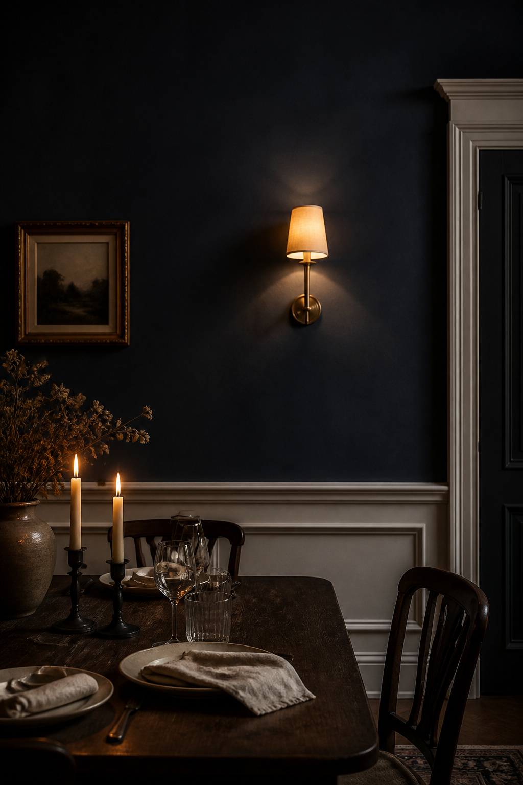 Moody dining room with charcoal near-black matte walls (Railings type), white panel moulding, brass wall sconce and dark oak table