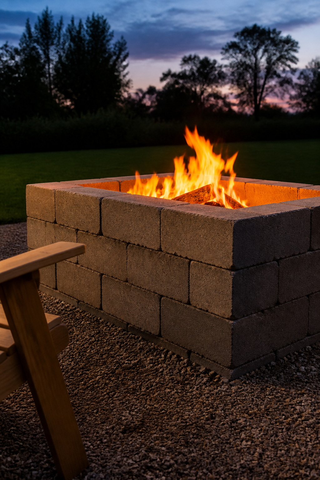 A DIY cinder block fire pit glowing with an active wood fire at dusk in a backyard setting