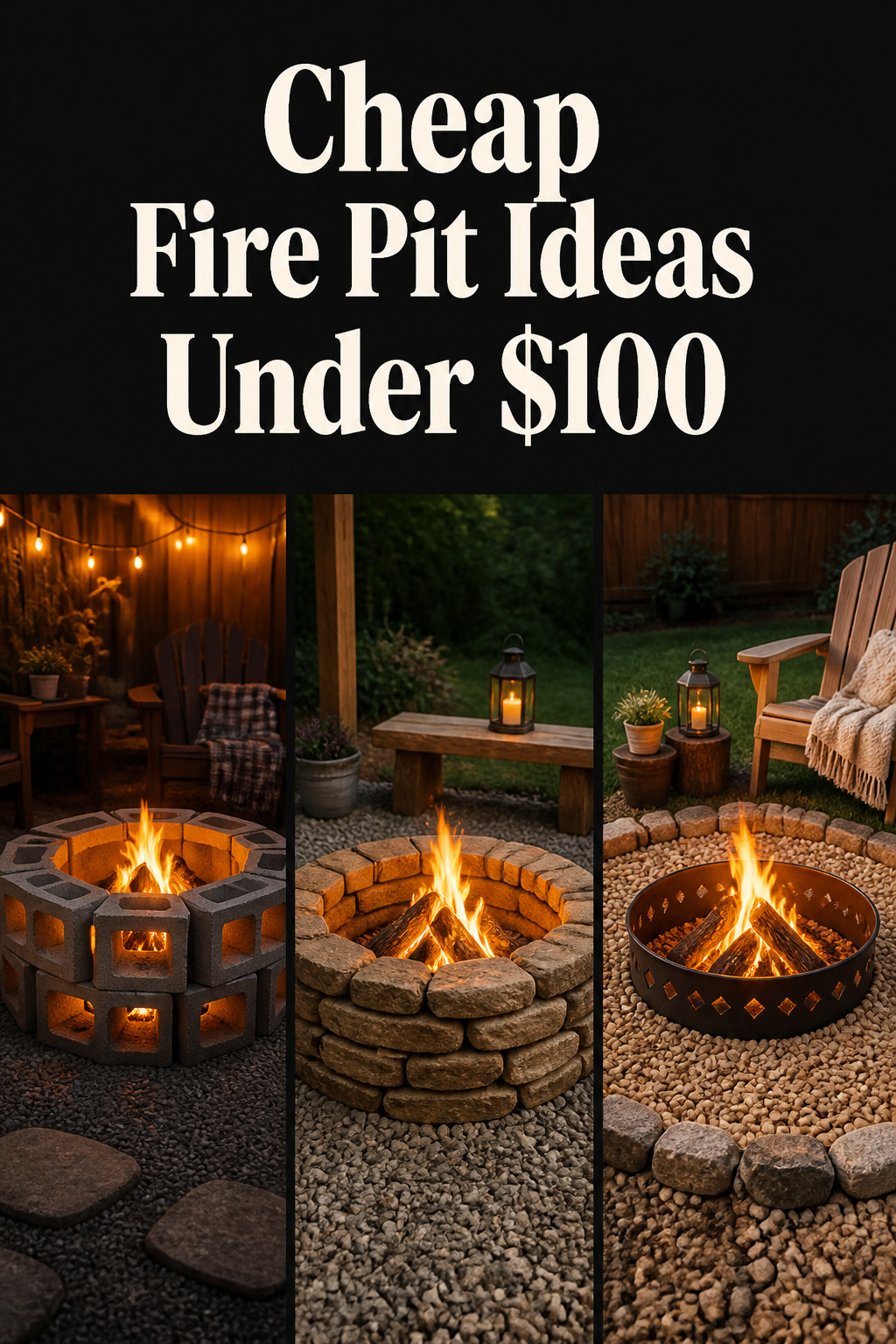 Three-panel collage of budget DIY fire pit builds: cinder block, stacked stone ring, and gravel ring fire pit