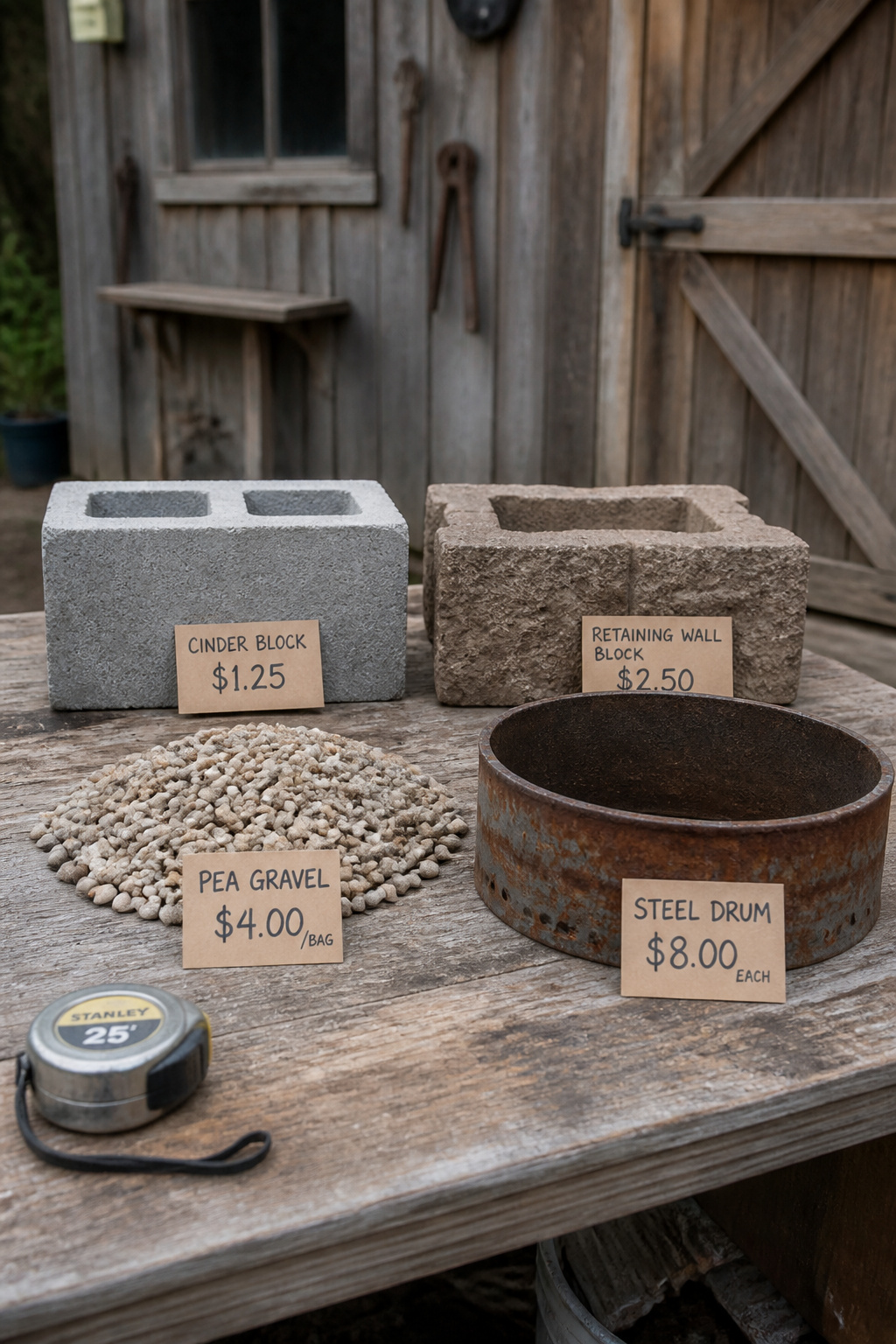 Four DIY fire pit material samples — cinder block, retaining wall block, pea gravel, and steel — with price tags on a workbench