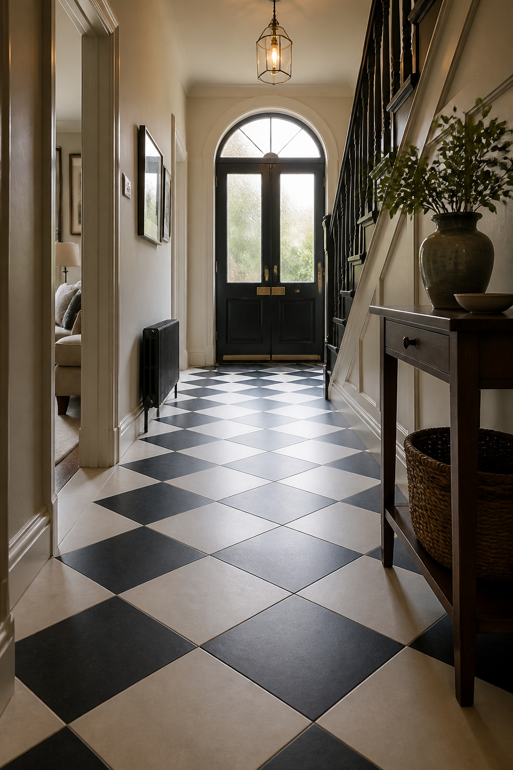 Black and white checkerboard tile set at 45-degree diagonal in a residential entryway, with corners pointing toward the front door