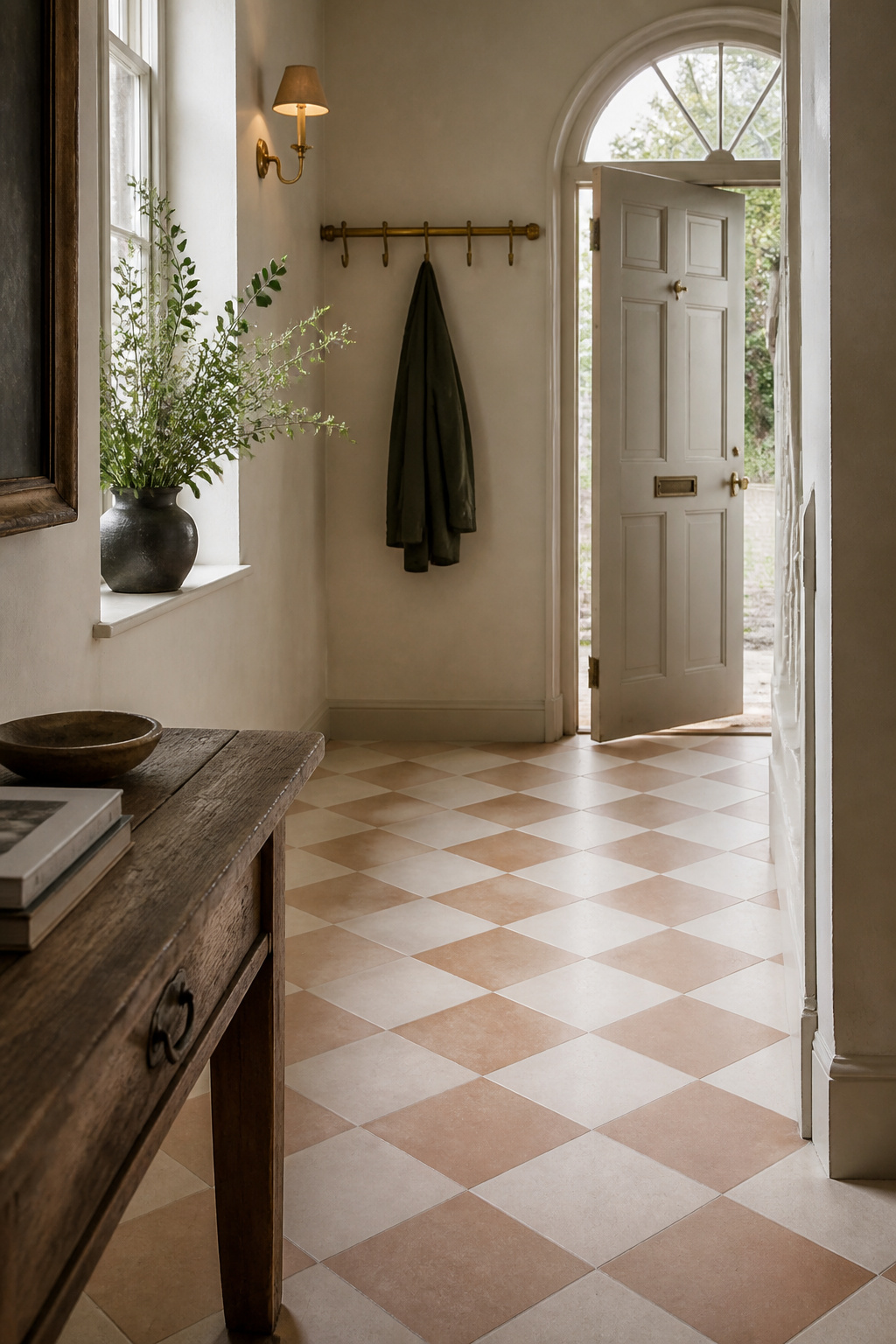 Bone and clay checkerboard floor set diagonally in a period entryway with an aged oak console and brass fixtures