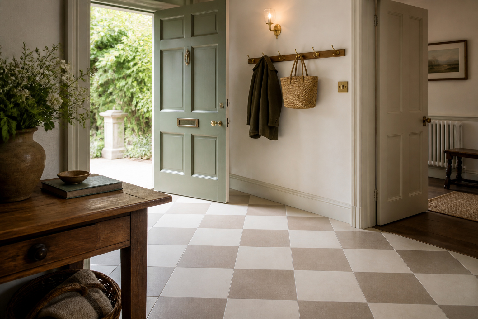 Bone and clay checkerboard floor set diagonally in a period entryway with an aged oak console and brass fixtures