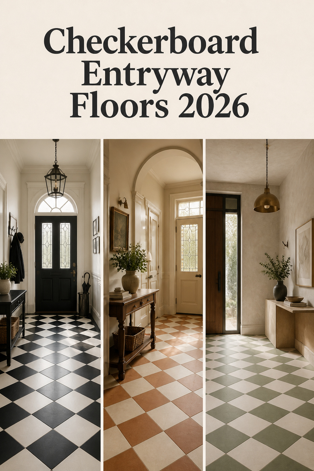 Three checkerboard entryway floor palettes side by side: classic black-and-white, softened bone-and-clay, and sage-and-cream
