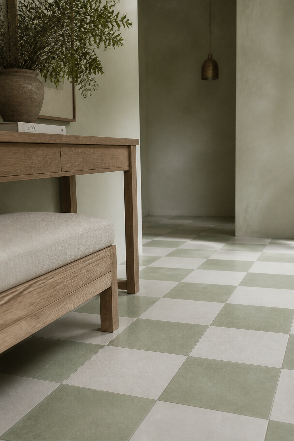 Sage and cream matte checkerboard floor in a contemporary foyer with raw plaster walls and a pale oak console