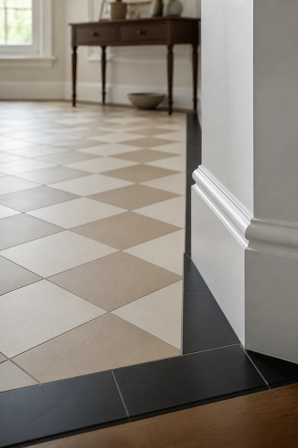 Bone and cream checkerboard floor with a single-course solid black border tile frame, photographed at the corner where border meets skirting board