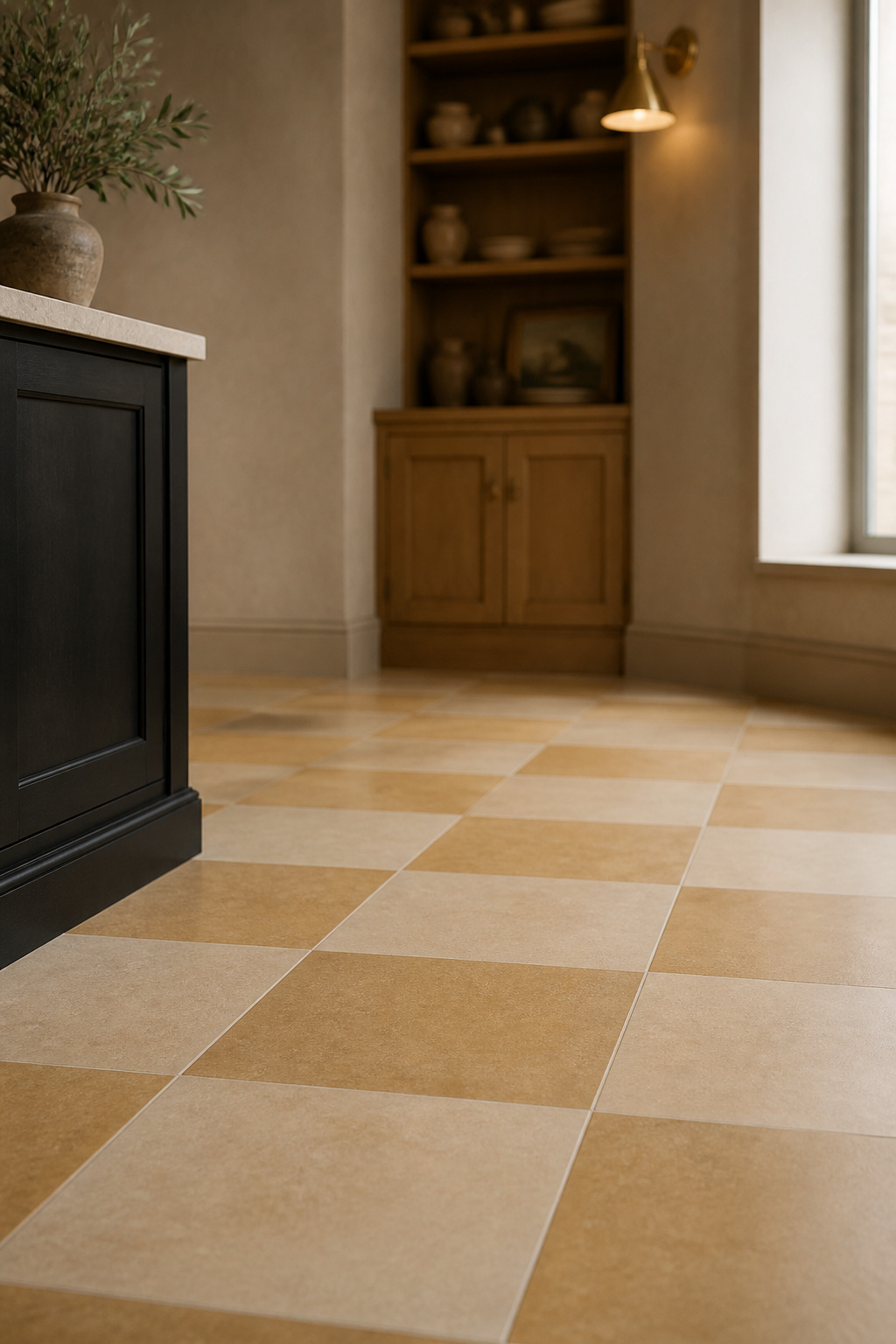 Tone-on-tone checkerboard kitchen floor in honey and dijon honed limestone with a soft two-tone grid pattern