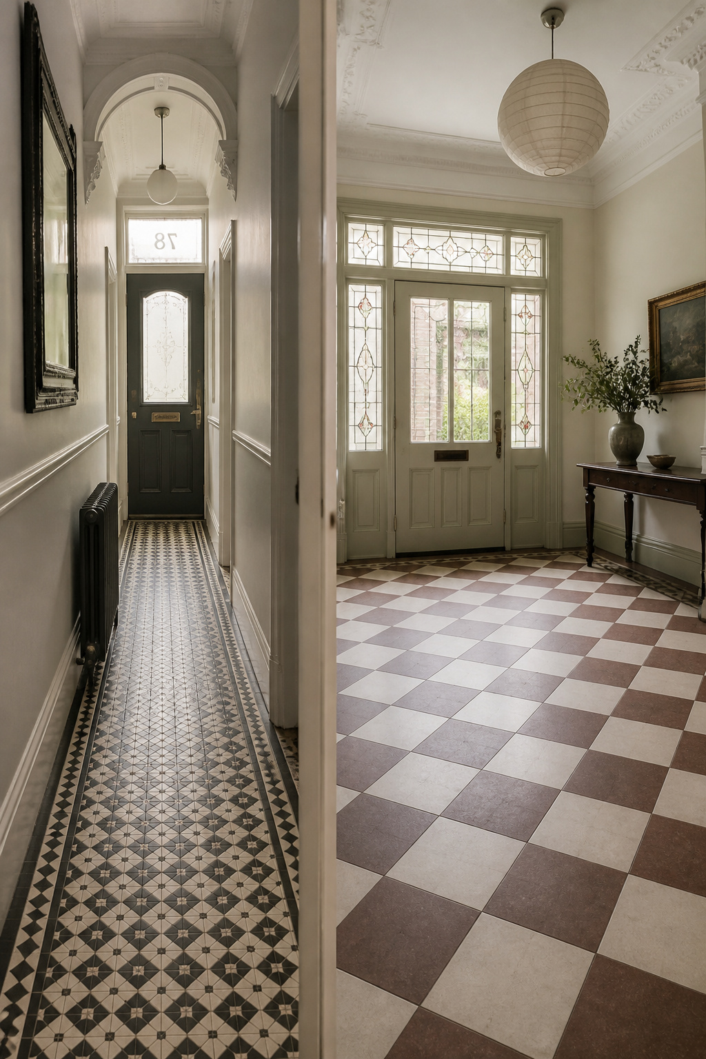 Side-by-side comparison of 6x6 checkerboard in a narrow Victorian entry versus 12x12 checkerboard in a medium-sized foyer
