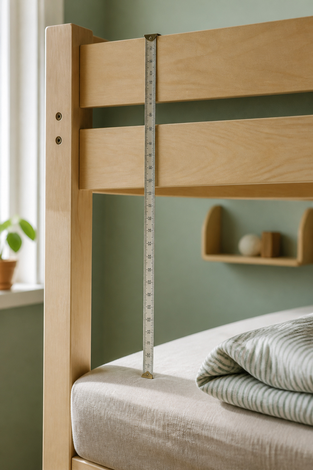 Tape measure held against a bunk bed guardrail checking the clearance above the mattress top