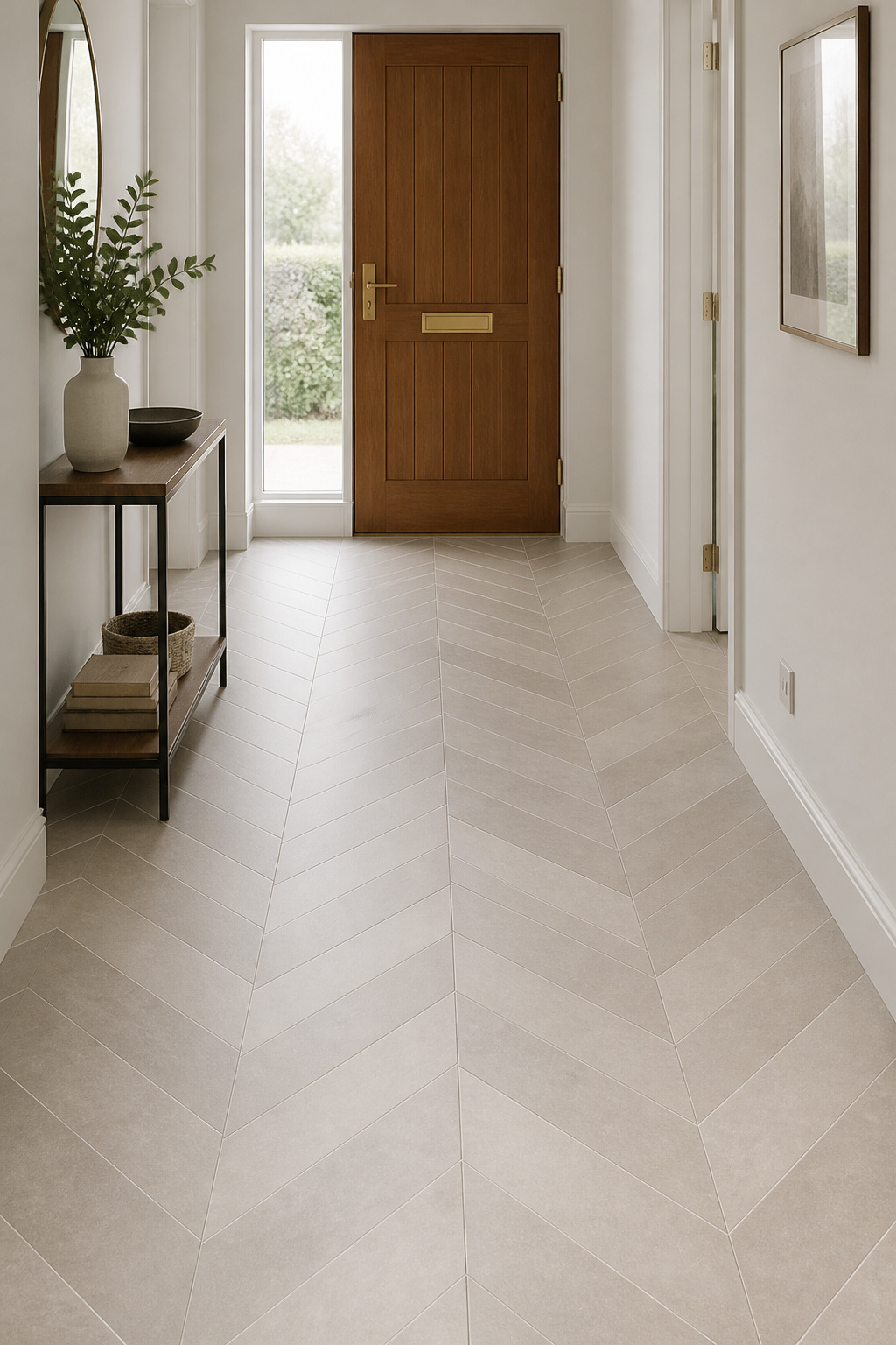chevron tile pattern on a residential entryway floor in pale greige porcelain, continuous V-stripes running toward the front door