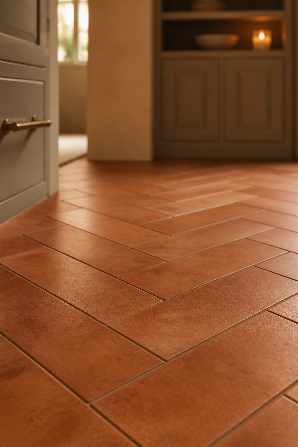 Chevron-laid burnt sienna clay kitchen floor tile with mitred 45-degree joints forming a continuous V pattern