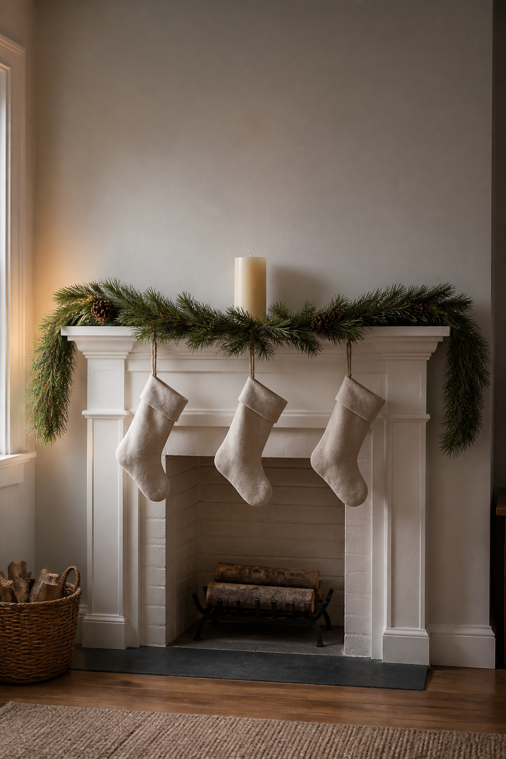 Christmas mantel with single fresh pine garland, three cream linen stockings, and one beeswax pillar candle — deliberately minimal and Scandinavian in tone on a white-painted surround