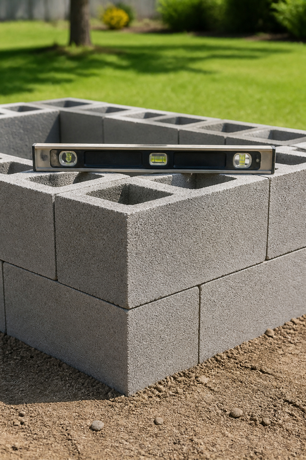 Two courses of grey CMU cinder blocks stacked in a square fire pit form with a spirit level across the top