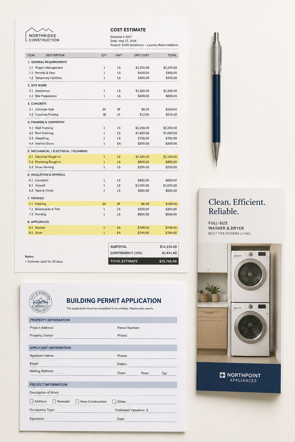Construction budget planning materials for a closet-to-laundry room conversion project