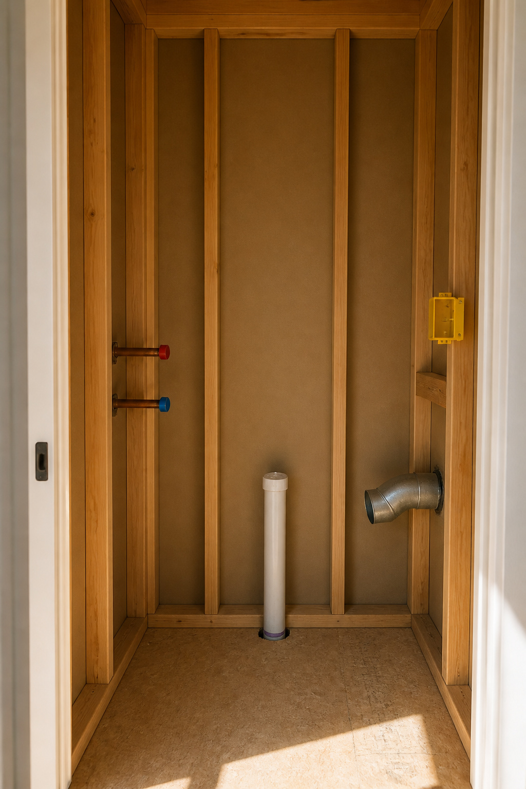 Open-wall rough-in stage of a closet laundry conversion showing plumbing stubs, standpipe, and dryer vent