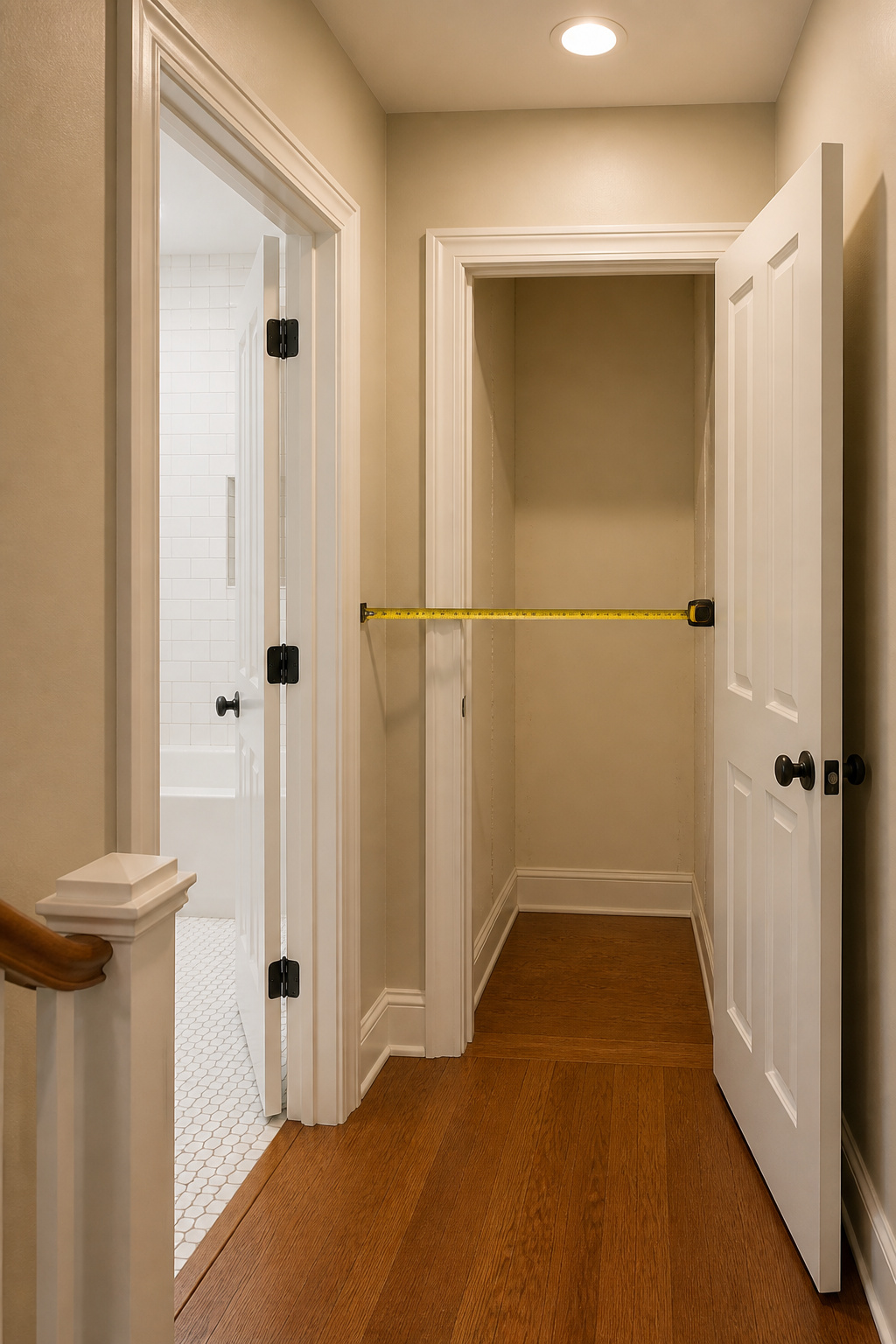 Upstairs hallway showing linen closet directly adjacent to bathroom — ideal plumbing proximity for laundry conversion