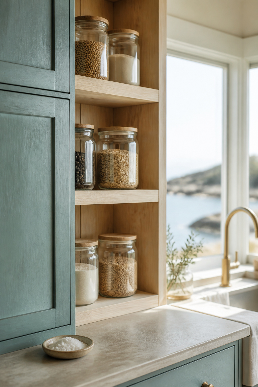 Dusty blue-green cabinetry beside light-washed pine open shelving with glass storage jars in a coastal cottage kitchen