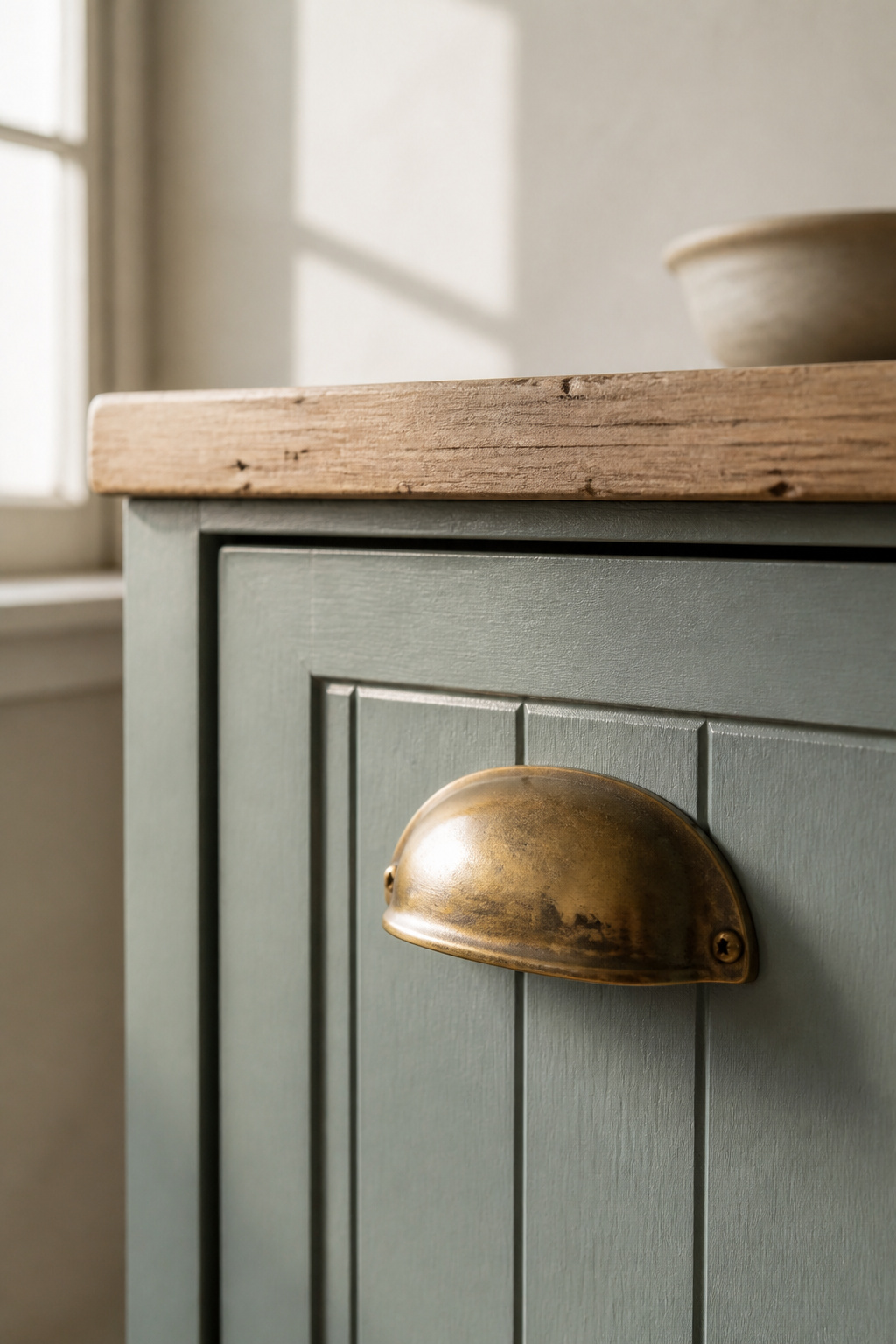 Close-up of an unlacquered brass cup pull developing patina on a dusty blue-green beadboard cabinet in a coastal kitchen