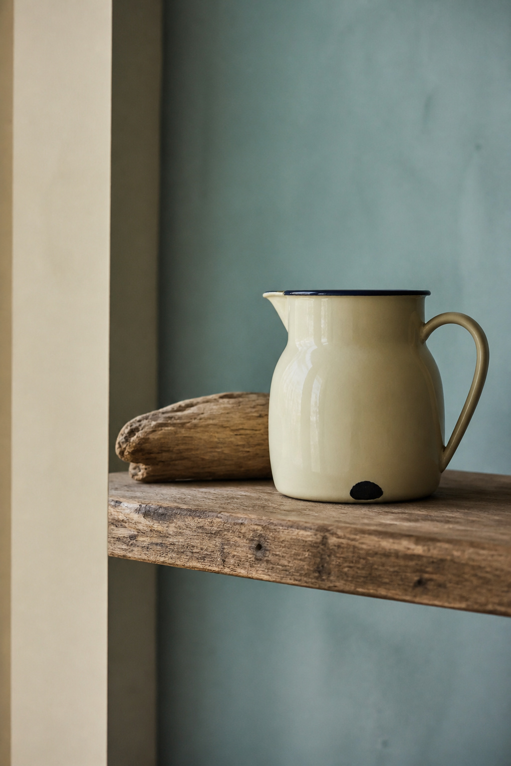 A single reclaimed pine shelf styled with one piece of cream enamelware and one raw wood accent against a dusty blue-green wall