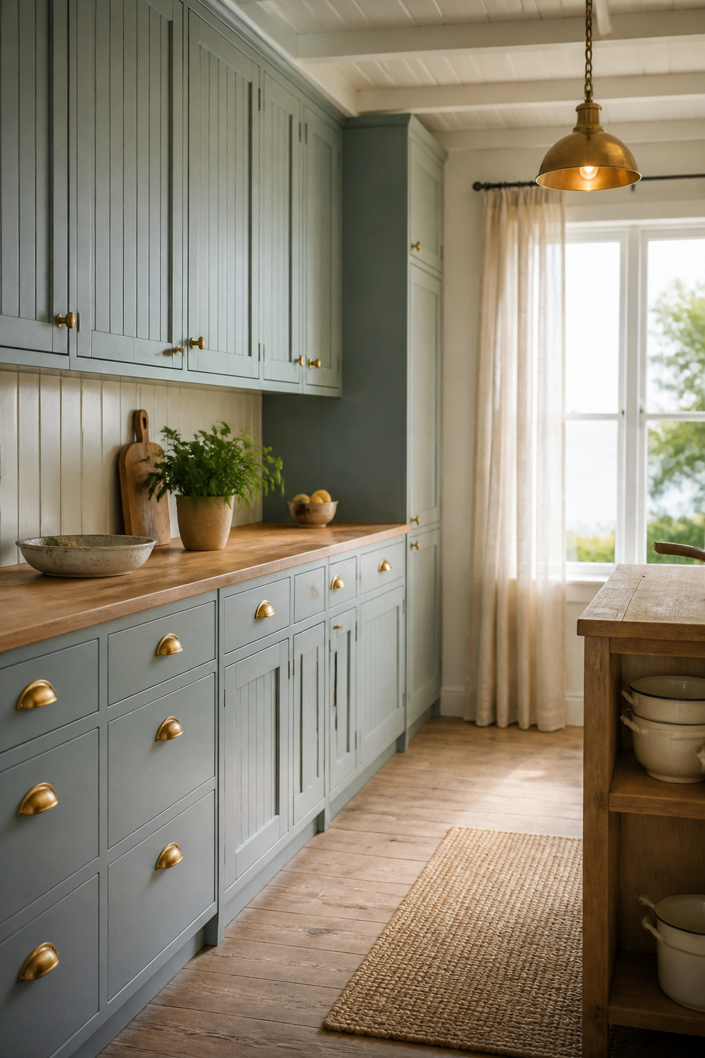 Coastal cottage kitchen with dusty blue-green beadboard cabinets, brass hardware and a reclaimed pine shelf of cream enamelware