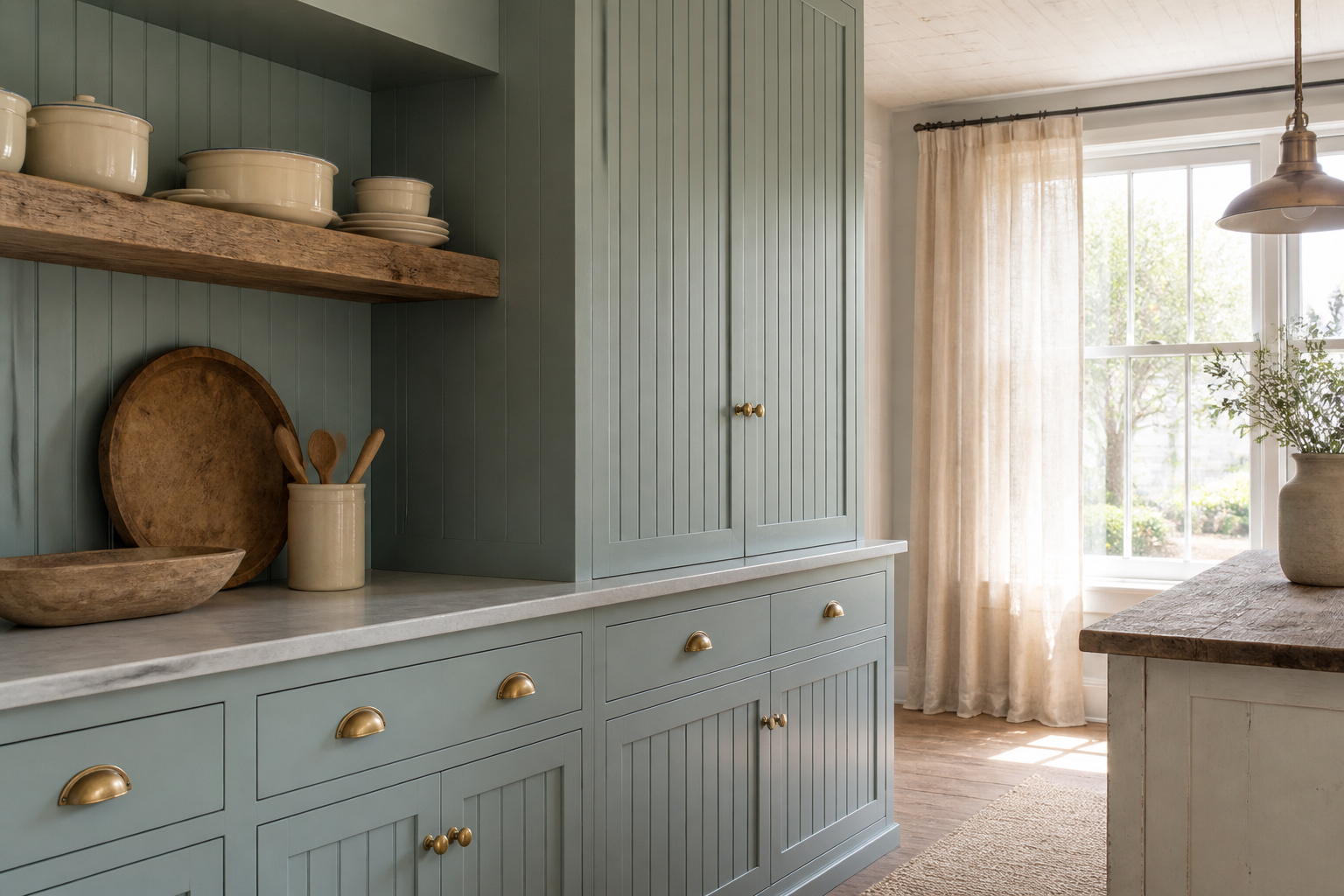 Coastal cottage kitchen with dusty blue-green beadboard cabinets, brass hardware and a reclaimed pine shelf of cream enamelware
