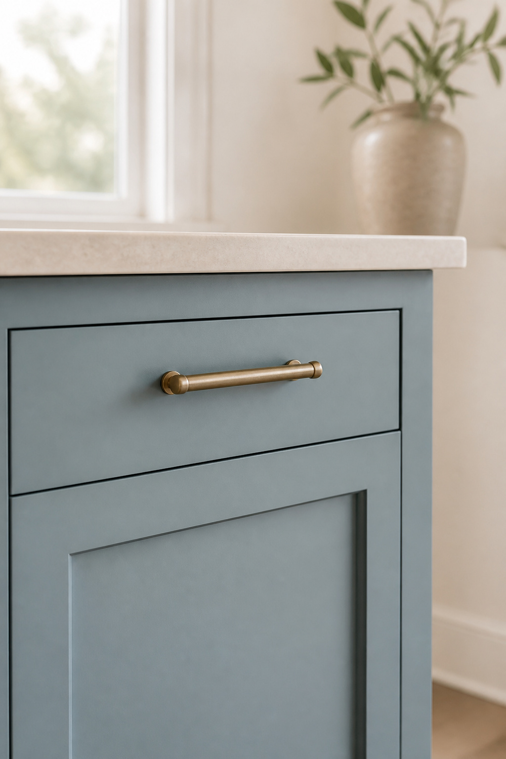 Simplified dusty blue-green shaker cabinet front with a brass bar pull, bridging coastal cottage and modern cottage style