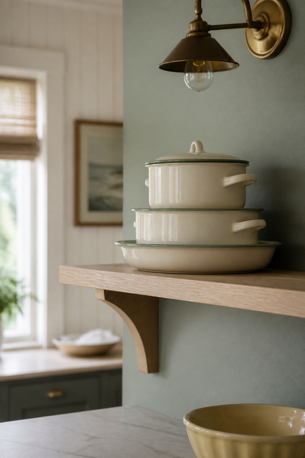 Light oak open shelf on a sage-green wall styled with stacked cream enamelware in a coastal cottage kitchen
