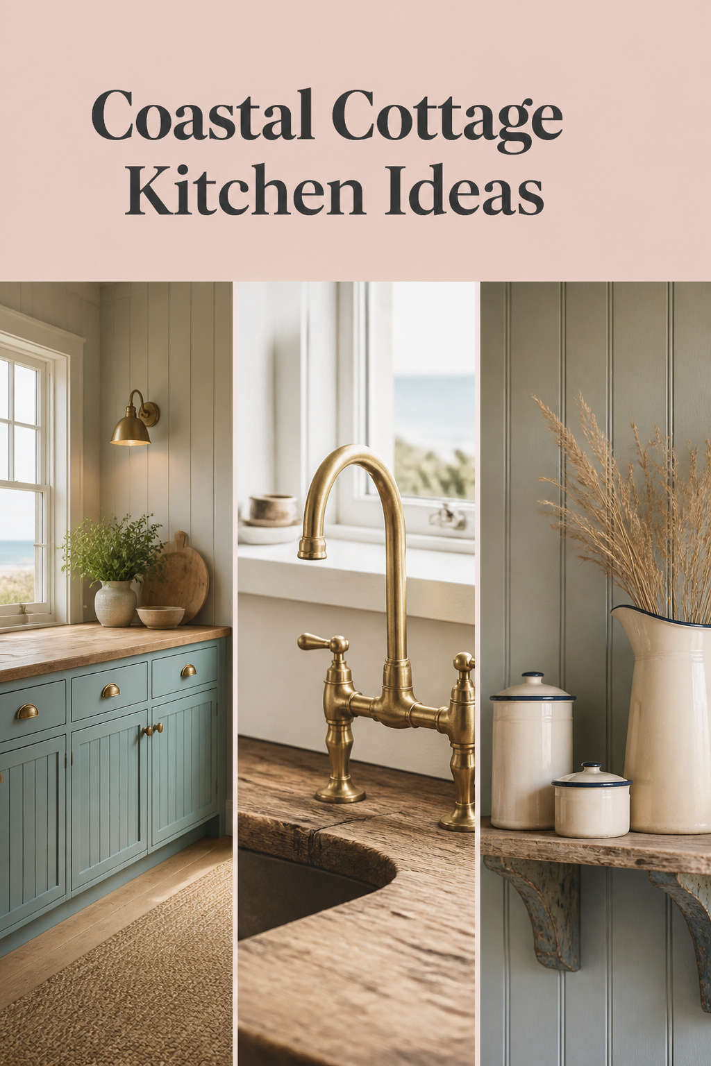 Three-panel collage of a coastal cottage kitchen: blue-green beadboard cabinets, brass tap over a pine counter, and an open shelf styled with enamelware